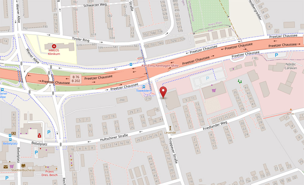 Kartenausschnitt von OpenStreetMap mit dem Standort von Fischer-energy in der Troppauer Stra&szlig;e in Kiel